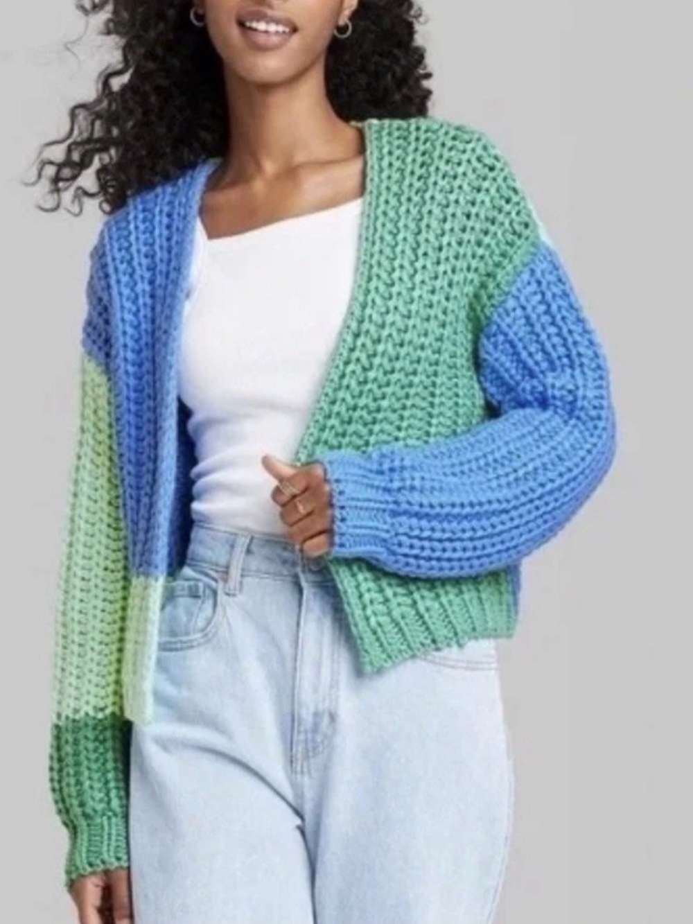 wild fable Colorblock Chunky Knit Cardigan - Green & Blue